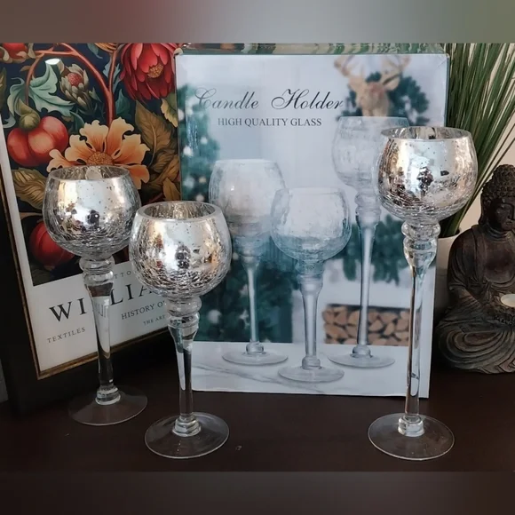 Silver Goblet Crackle Glass Candle Holders (Set of 3) - Picture 1 of 4